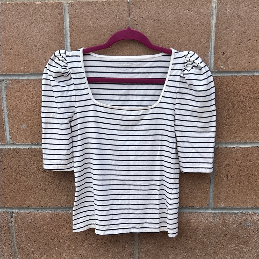 Banana Republic navy and White puff sleeve Striped Blouse